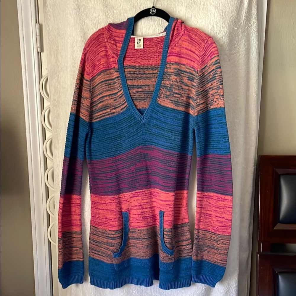 Roxy V-Neck Sweater in Pink and Blue Stripes